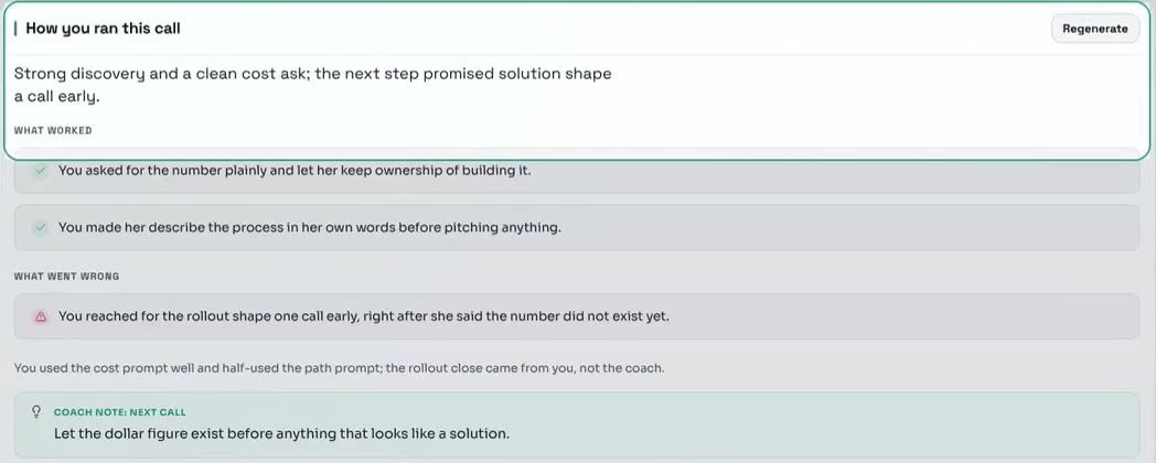 The How you ran this call panel of a PitchGenius sample call diagnosis, listing what worked, what went wrong and a coach note for the next call.